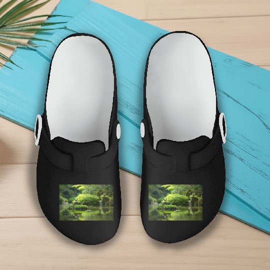 Serene Pond with Bird on Mossy Rock Slip On Clogs