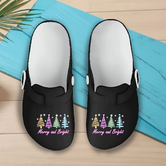 Merry and Bright Tree Neon Christmas Slip On Clogs