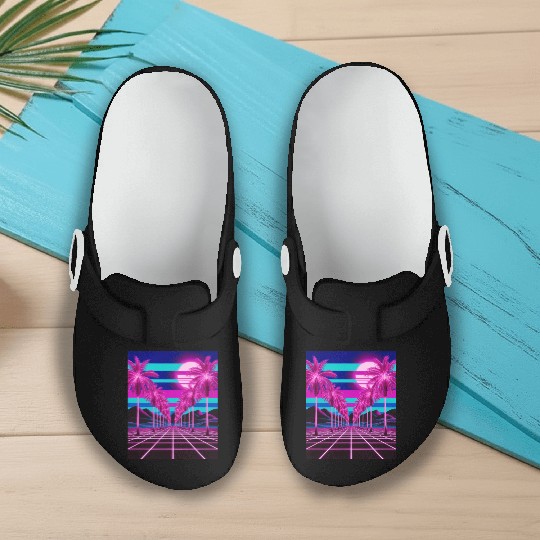 Neon Dreamscape: Retro-Futuristic Synthwave Sunset Slip On Clogs