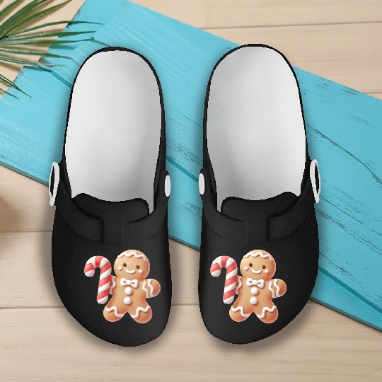 Happy gingerbread man with candy cane Slip On Clogs
