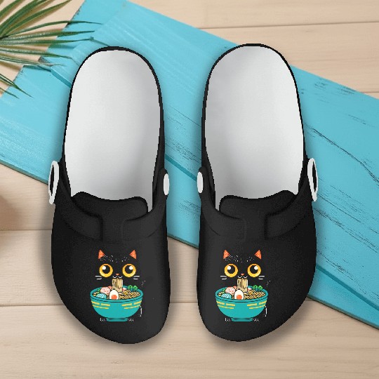 Funny Cat Eating Ramen Japanese Cat Ramen Noodles Slip On Clogs