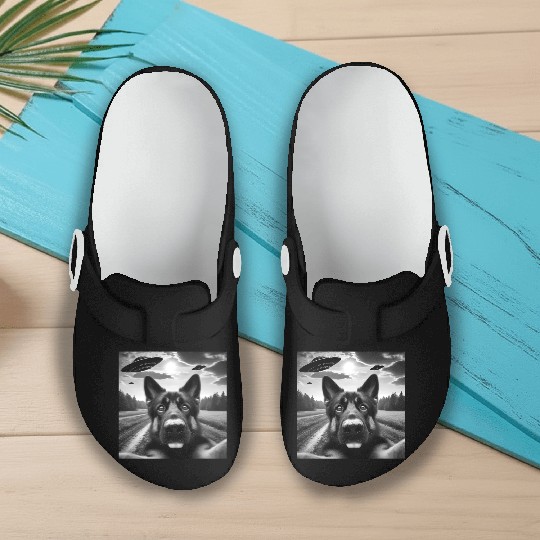 German2 Shepherd Funny GSP Selfie with UFOs Weird Slip On Clogs