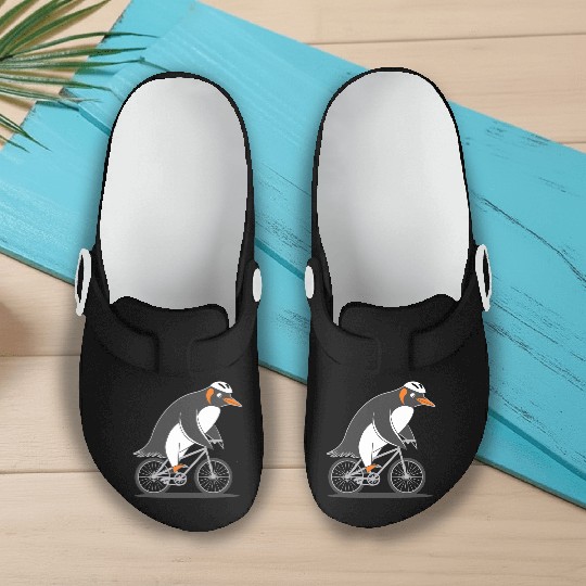 Penguin Riding Bicycle Fun Adventure Illustration Slip On Clogs