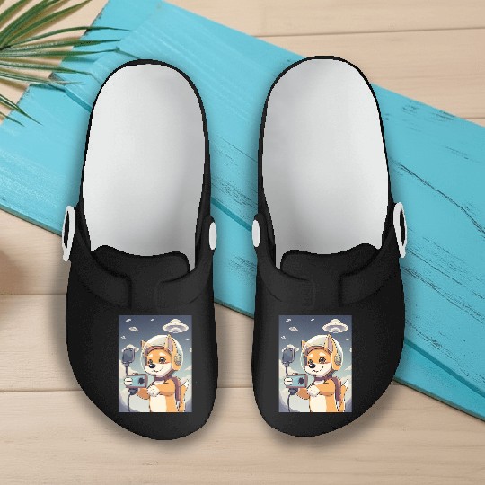 Funny Dog Rescue Anime Selfie with UFOs Weird Slip On Clogs