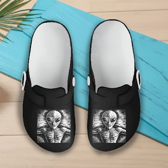 Grey Alien Engraving Slip On Clogs