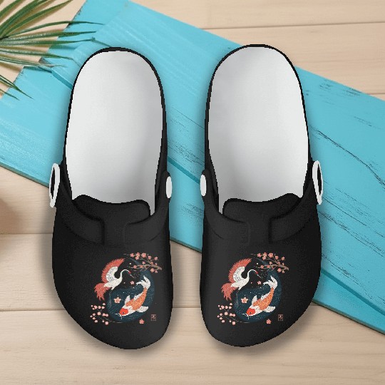 Japanese Crane and Koi Yin Yang Symbol of Harmony Slip On Clogs