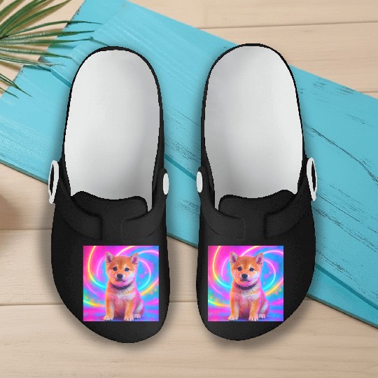 Neon Shiba Vibes – Kawaii Puppy Magic Slip On Clogs