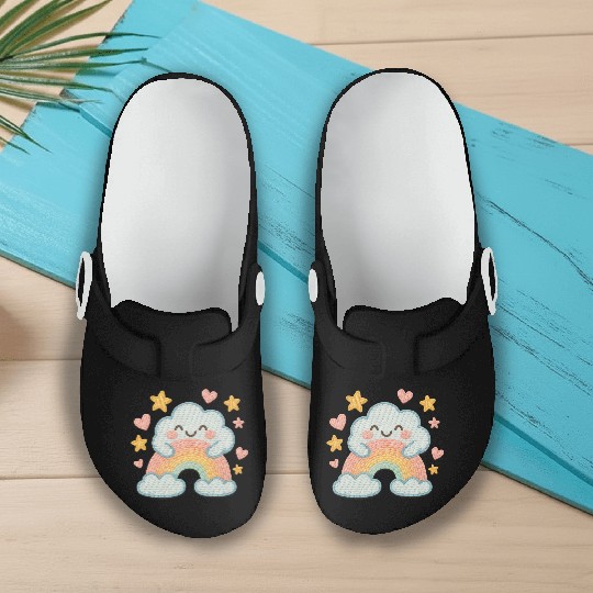 Smiling Cloud Rainbow – Embroidered Kids Logo Slip On Clogs