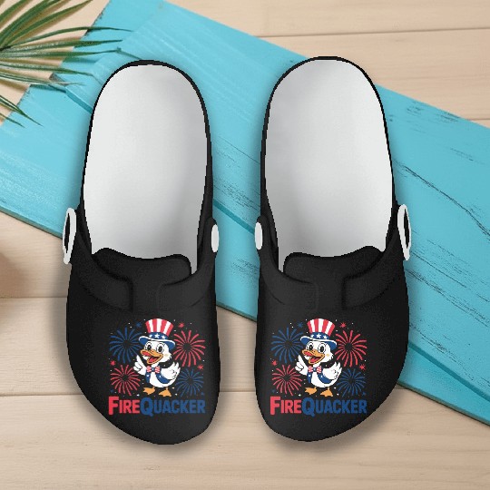Womens Duck Firequacker Patriotic Fourth of July I Slip On Clogs