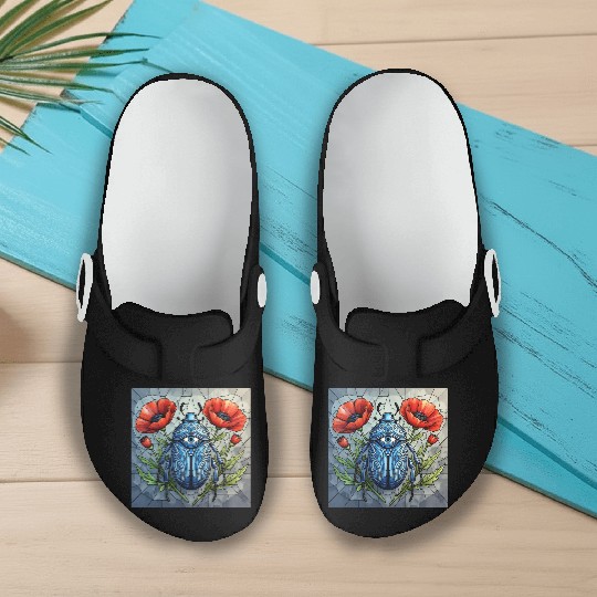 Beetle stained glass bug design vibrant poppy Slip On Clogs