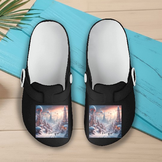 Futuristic Snowy Cityscape with Floating Balloons Slip On Clogs