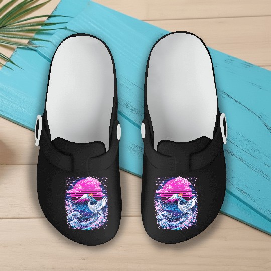 Neon Sakura Crane & Mount Fuji Scene Slip On Clogs