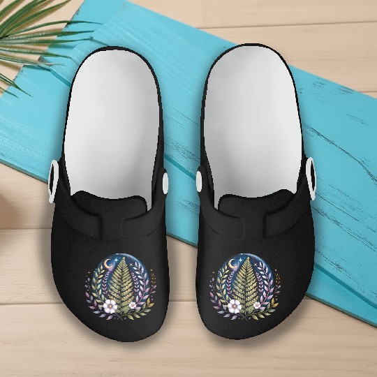 Celestial Fern and Floral Moon Design Slip On Clogs