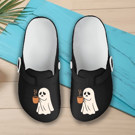 Spooky Ghost with Coffee Mug Design Slip On Clogs