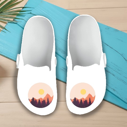 sunset horizon mountains Slip On Clogs