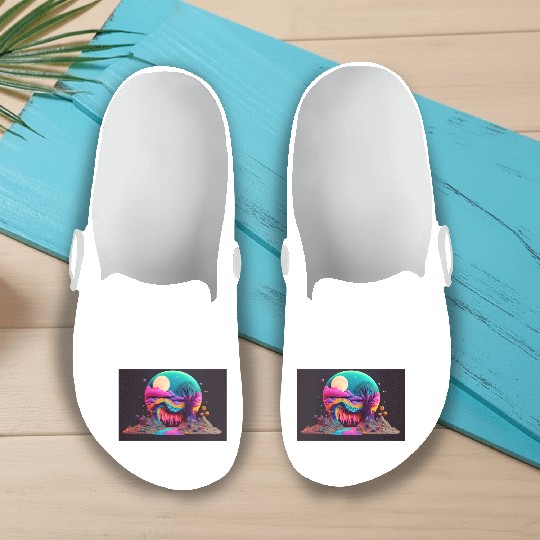 Spooky Full Moon Psychedelic Landscape Paint Drips Slip On Clogs