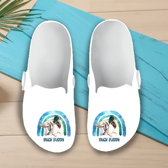 Duck Buddy - Funny Duck And Blue Green Rainbow Slip On Clogs