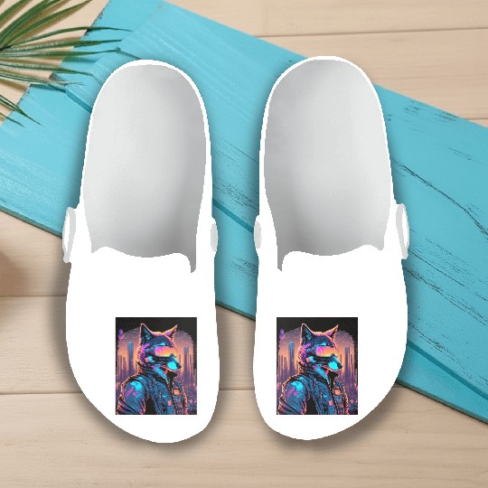 Retro Futuristic Synthwave Fox Slip On Clogs