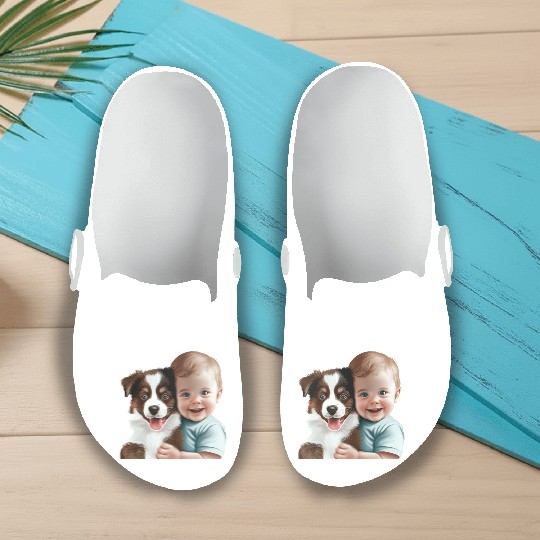 Sweet baby smiling with lovely puppy Slip On Clogs
