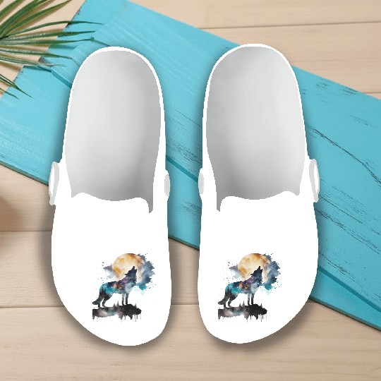 Mountain Wolf Multicolor Watercolor Portrait Slip On Clogs
