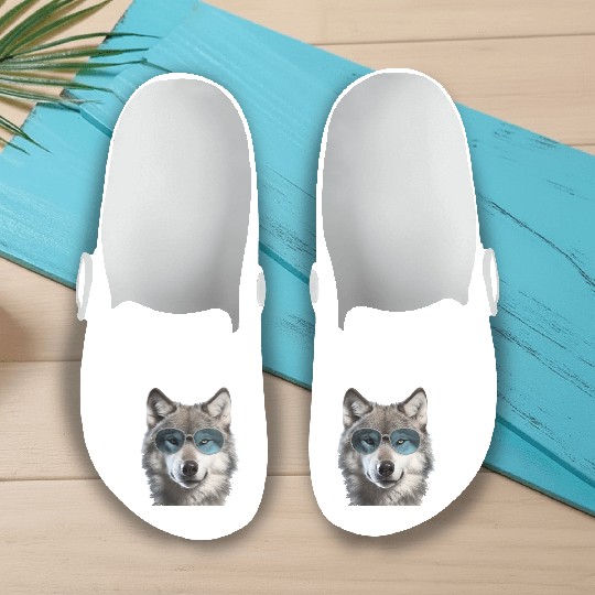 Grey Wolf Wearing Blue Sunglasses Wildlife Animal Slip On Clogs