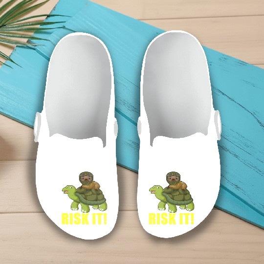 Funny Sloth Racing On Turtle Risk It trending Slip On Clogs