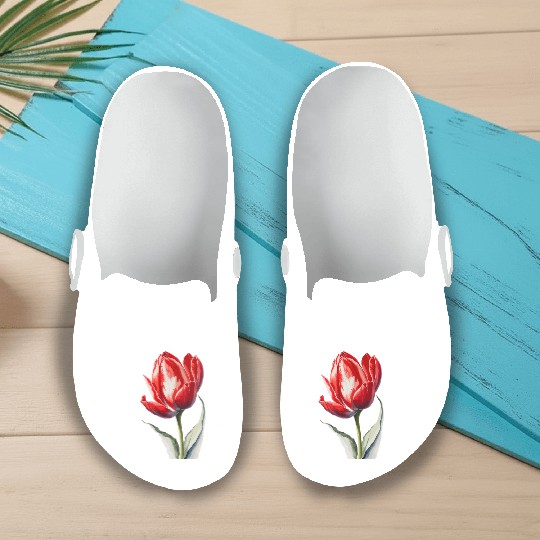 a red tulip flower Watercolor Slip On Clogs