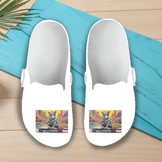 Skateboarding Cat in a colorful city Slip On Clogs