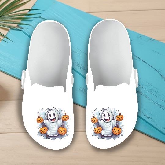 Funny Halloween Ghost With Pumpkin Lanterns Slip On Clogs