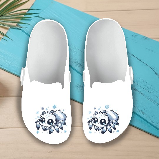 Cute white jumping spider in snowflakes Slip On Clogs