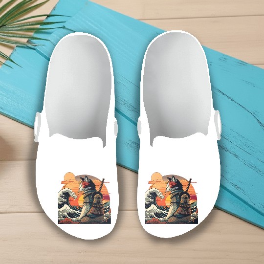 Samurai Cat vs The Great Wave Slip On Clogs