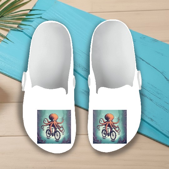 A weird octopus riding a bicycle Slip On Clogs