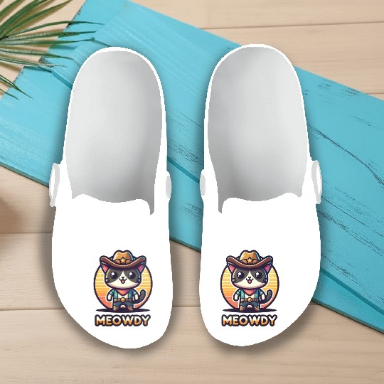 Cute Meowdy Cat Cowboy Pun Slip On Clogs