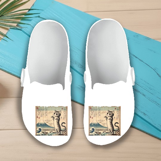 Mt. Fuji Kitten Papyrus Scroll Retro Japanese Art Slip On Clogs