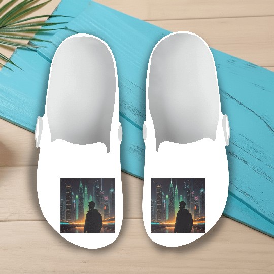 Neon Horizon: A Futuristic Cityscape Slip On Clogs