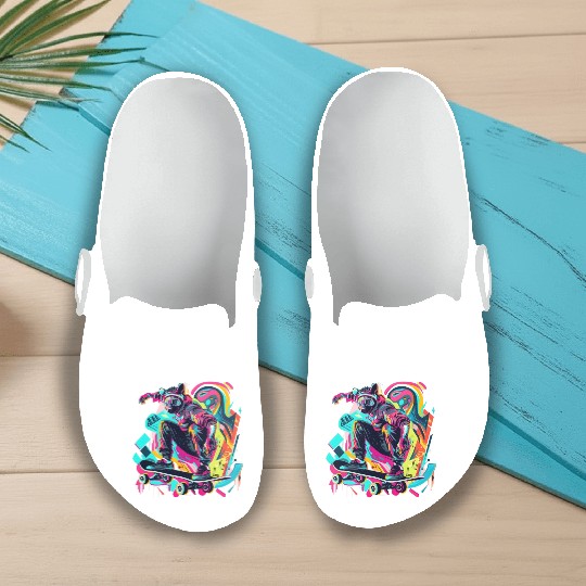 Radical Ride: Skateboarding Lemur in 80s Pop Art Slip On Clogs