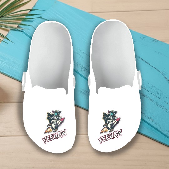 Space Cowboy Riding a Rocket with Yeehaw Slogan Slip On Clogs