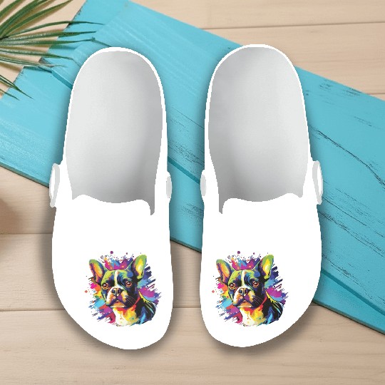 Watercolor Colorful Boston Terrier Slip On Clogs