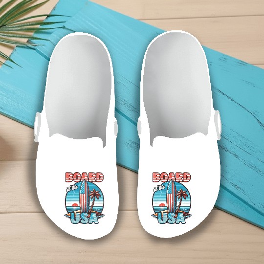 Board in the USA Patriotic Summer Surfboard Slip On Clogs