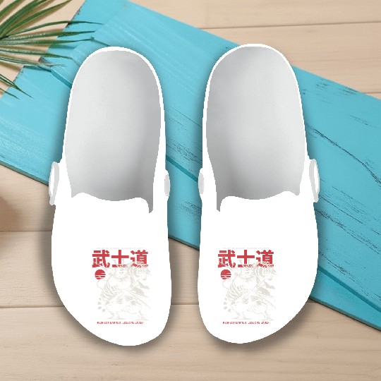 Japanese Samurai with Katana, Kanji Typography Slip On Clogs