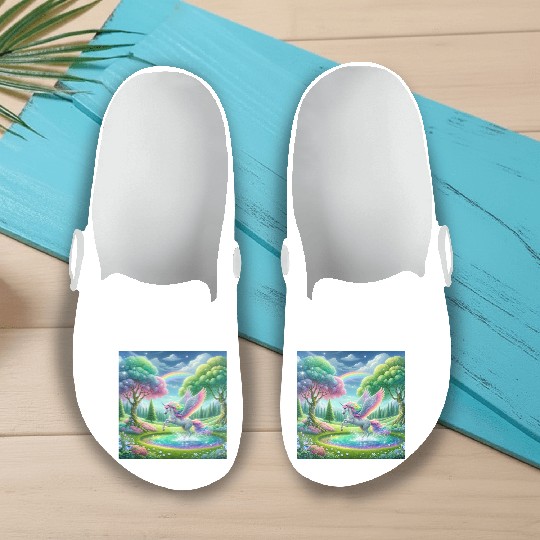 Enchanted Rainbow Unicorn Over Sparkling Pond Slip On Clogs