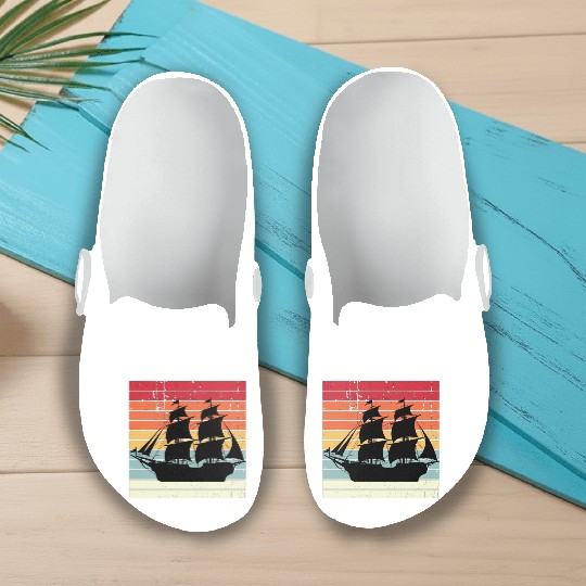 Vintage Retro Sun Set Pirate Ship Slip On Clogs