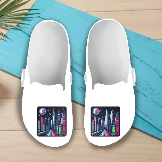 Futuristic cityscape Retro Synthwave Cyberpunk Slip On Clogs