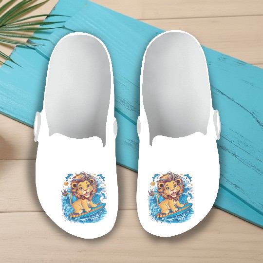 Cute Surfing Lion Riding the Waves Slip On Clogs