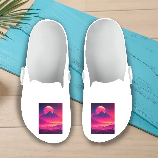 Neon Horizon: A Synthwave Journey Slip On Clogs