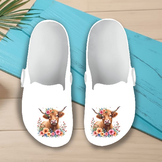 Cute Scottish Highland Cow Floral Slip On Clogs