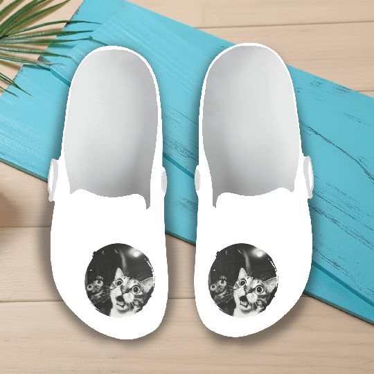 Double Surprised Cats in Vintage Black and White Slip On Clogs