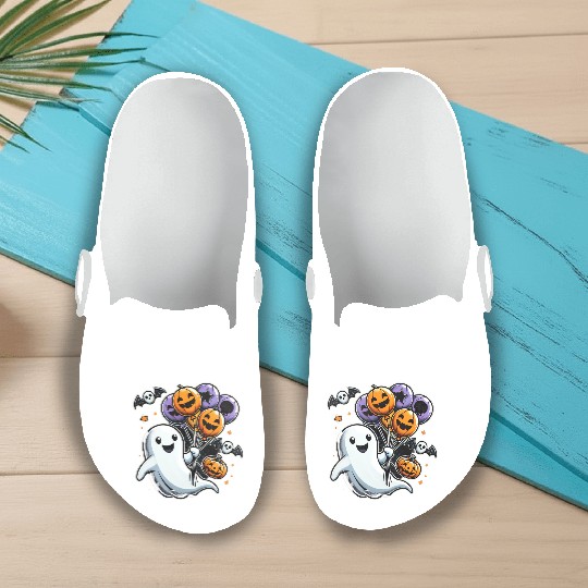 Happy Ghost with Halloween Balloons and Bats Slip On Clogs