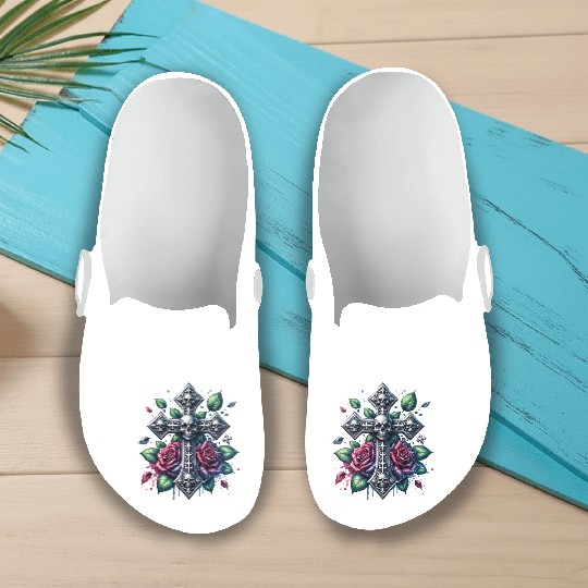 Gothic Collection - Cross, Skulls & Red Roses Slip On Clogs