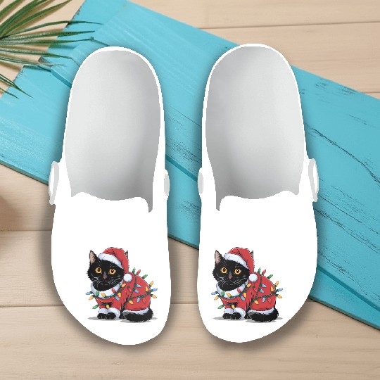 Cute Cat Santa with Christmas Lights Holiday Slip On Clogs